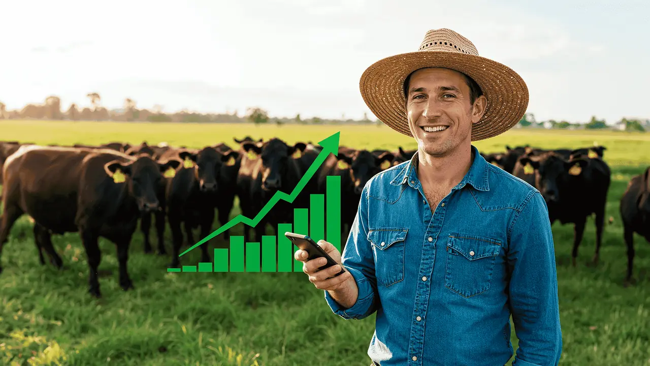 Pecuarista sorrindo com o celular na mão, um gráfico de crescimento e o rebanho ao fundo