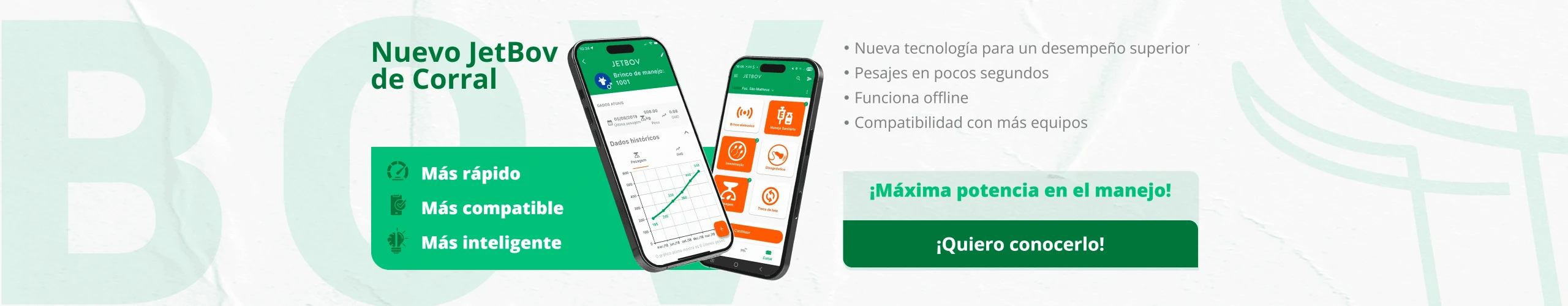 Nuevo JetBov de Corral. Nueva tecnología para un desempeño superior, pesajes en pocos segundos, funciona offline y compatibilidad con más equipos. ¡Quiero conocerlo!