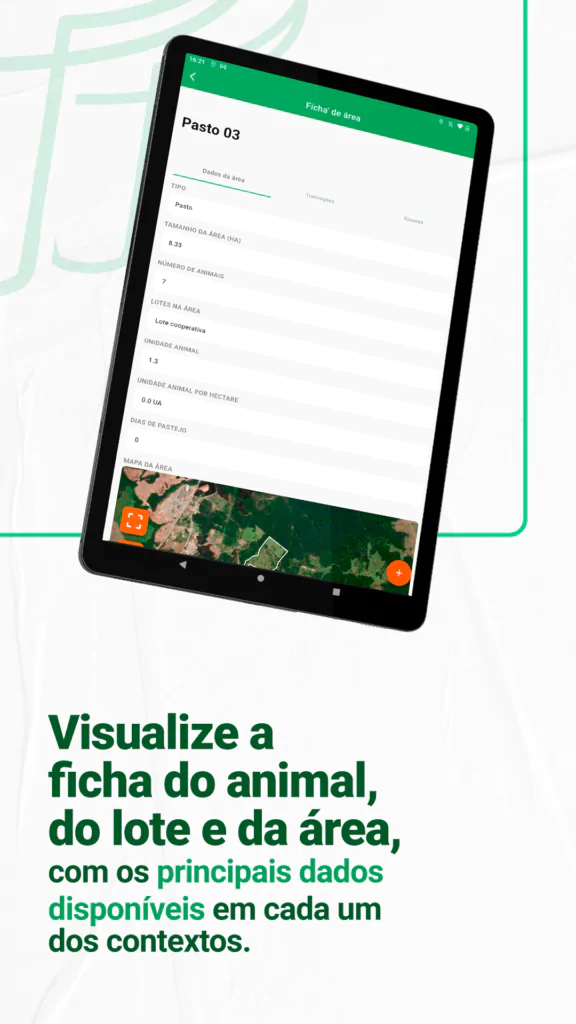 Visualize a ficha do animal, do lote e da área