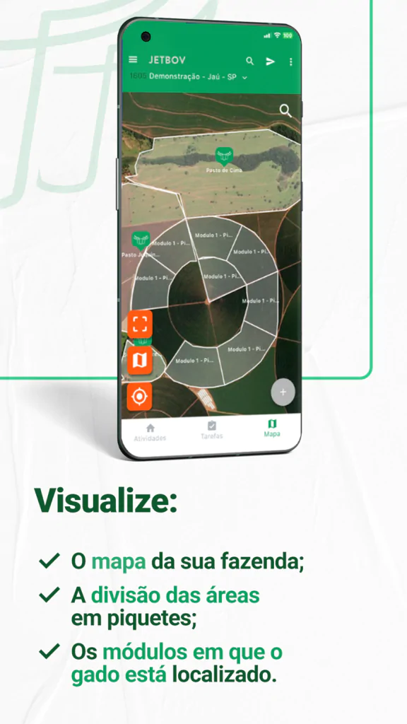 Visualize o mapa da fazenda, a divisão em piquetes e os módulos onde o gado está