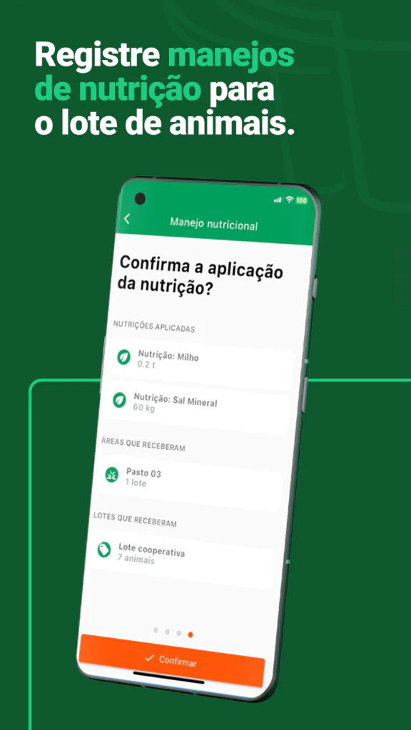 Registre manejos de nutrição para o lote de animais