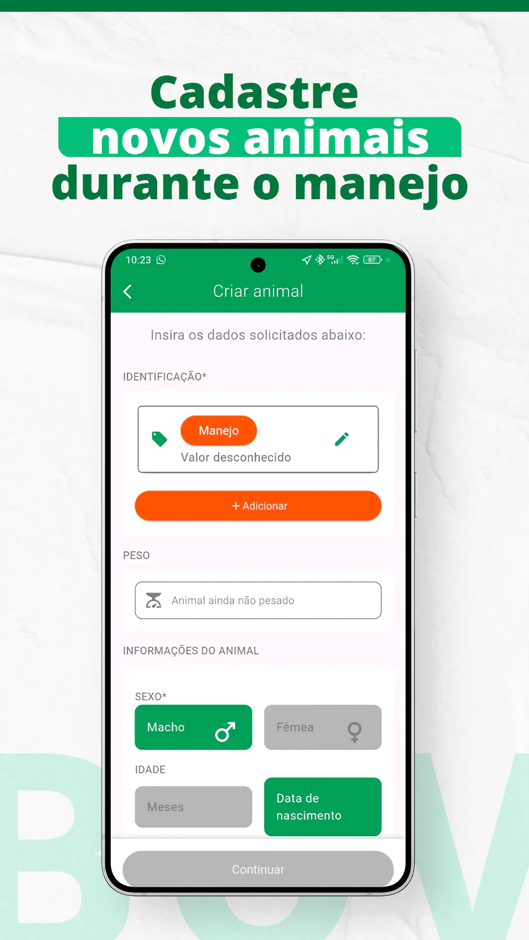 Cadastre novos animais durante o manejo