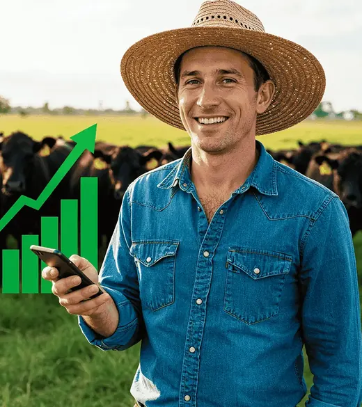 Pecuarista sorridente com o celular na mão, no pasto com o rebanho ao fundo